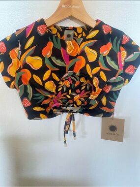 Aloe Aloe Black Tropical Drawstring Bikini Top